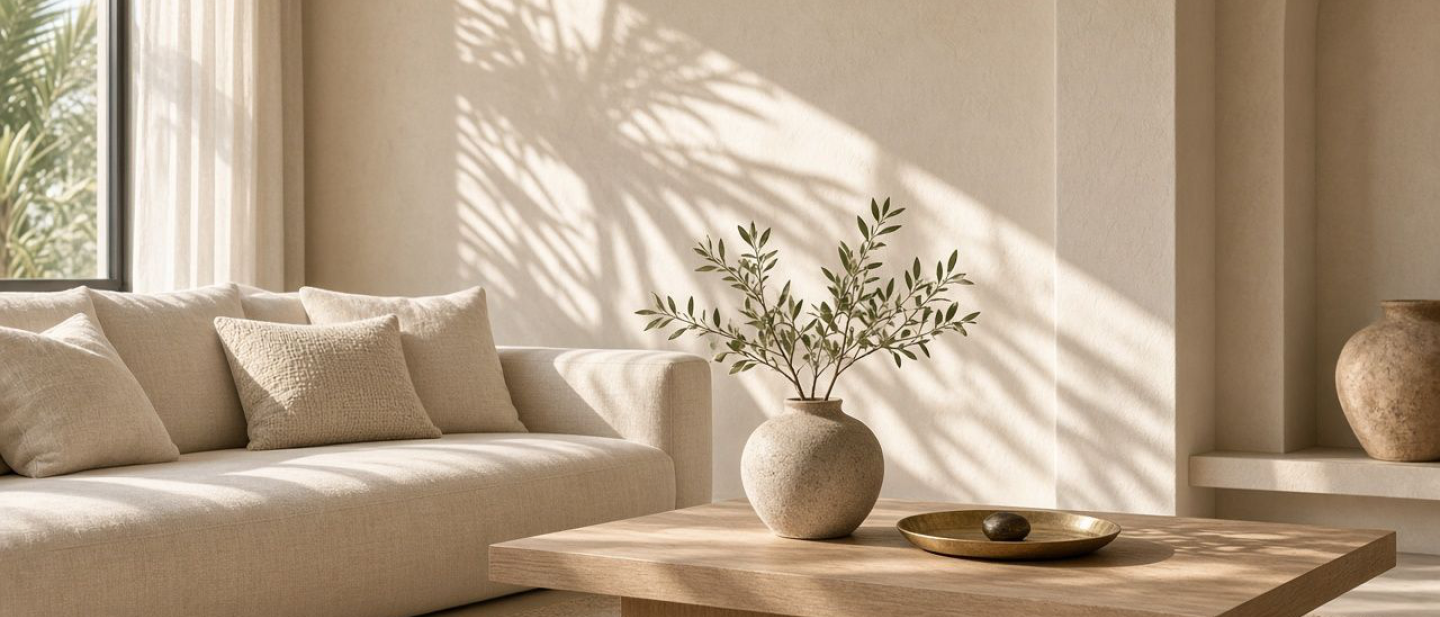 Sunlit living room with a beige sofa, cushions and a wooden coffee table