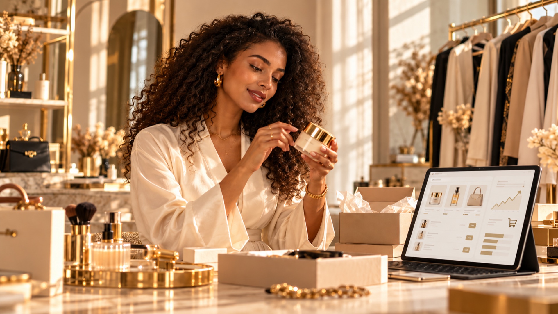 Woman in a cream robe examining a jar beside a tablet storefront
