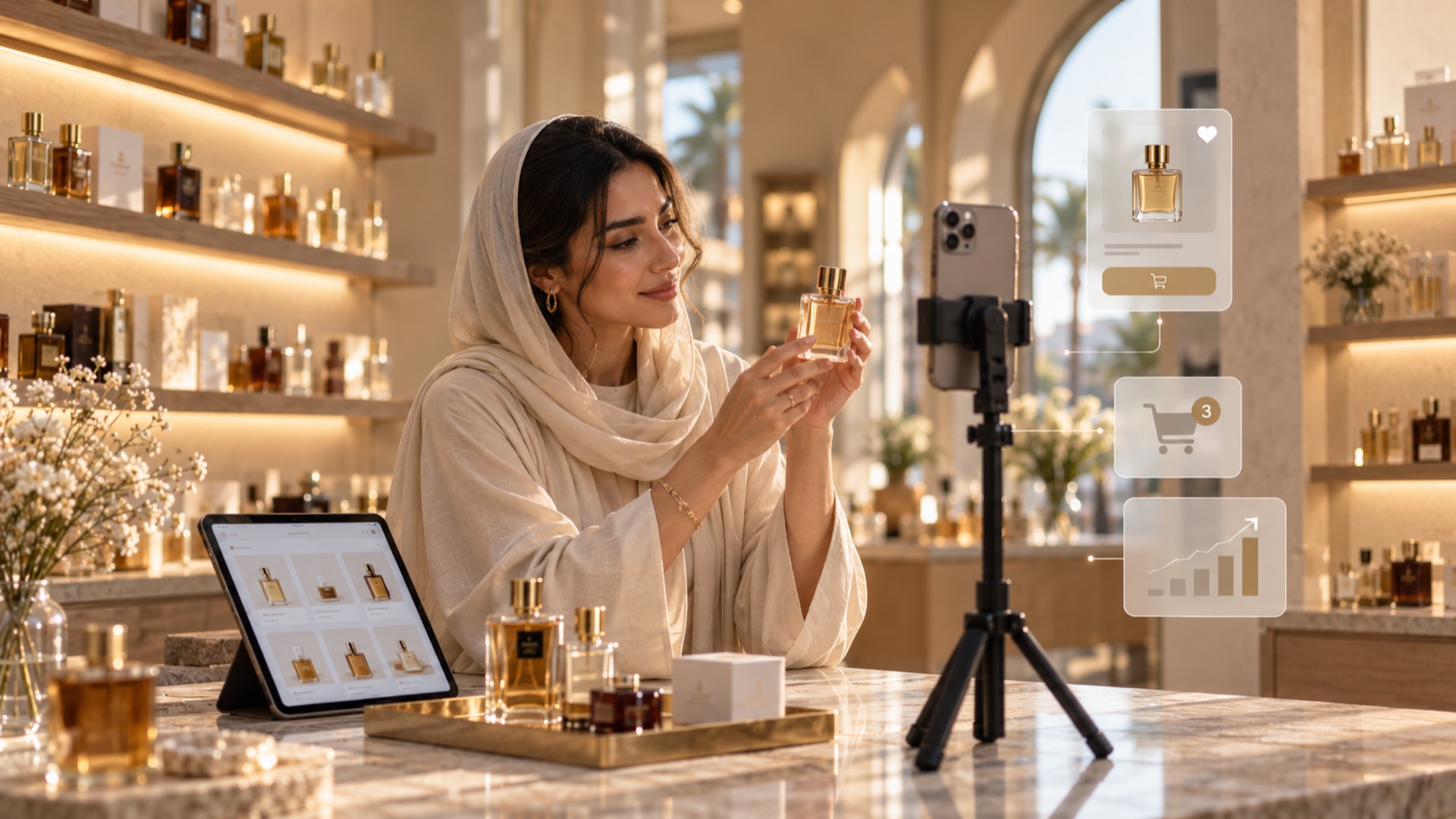 Woman in a cream hijab presenting a perfume beside a phone on a tripod