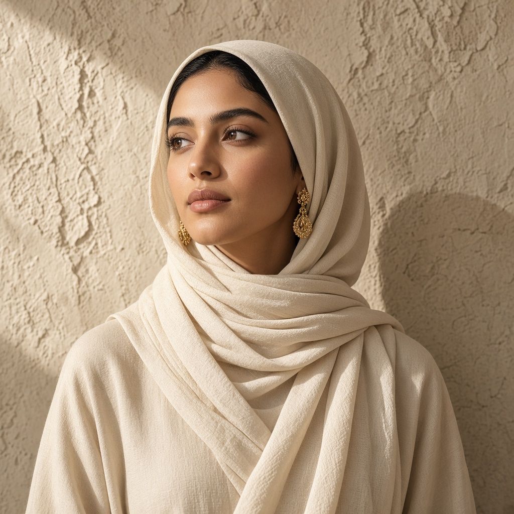Woman in a cream hijab against a warm plaster wall