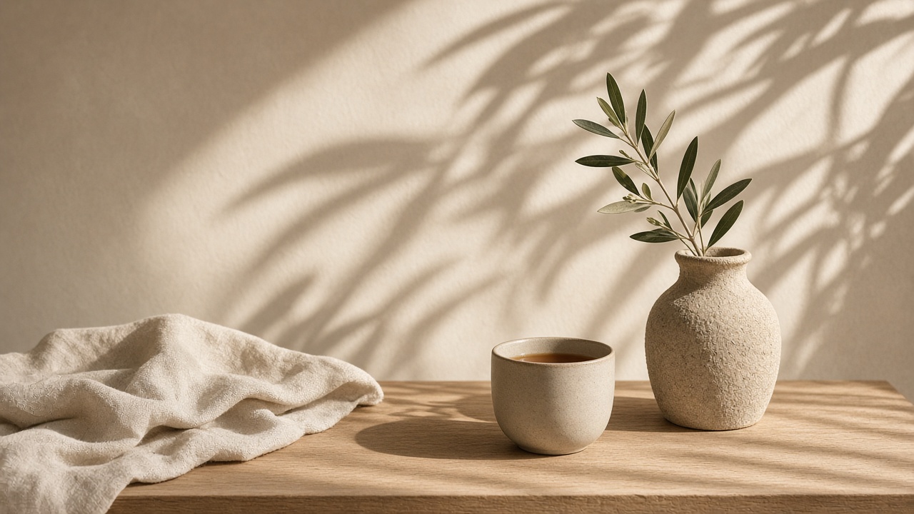 Linen, a ceramic cup of tea, and an olive branch in warm morning light.
