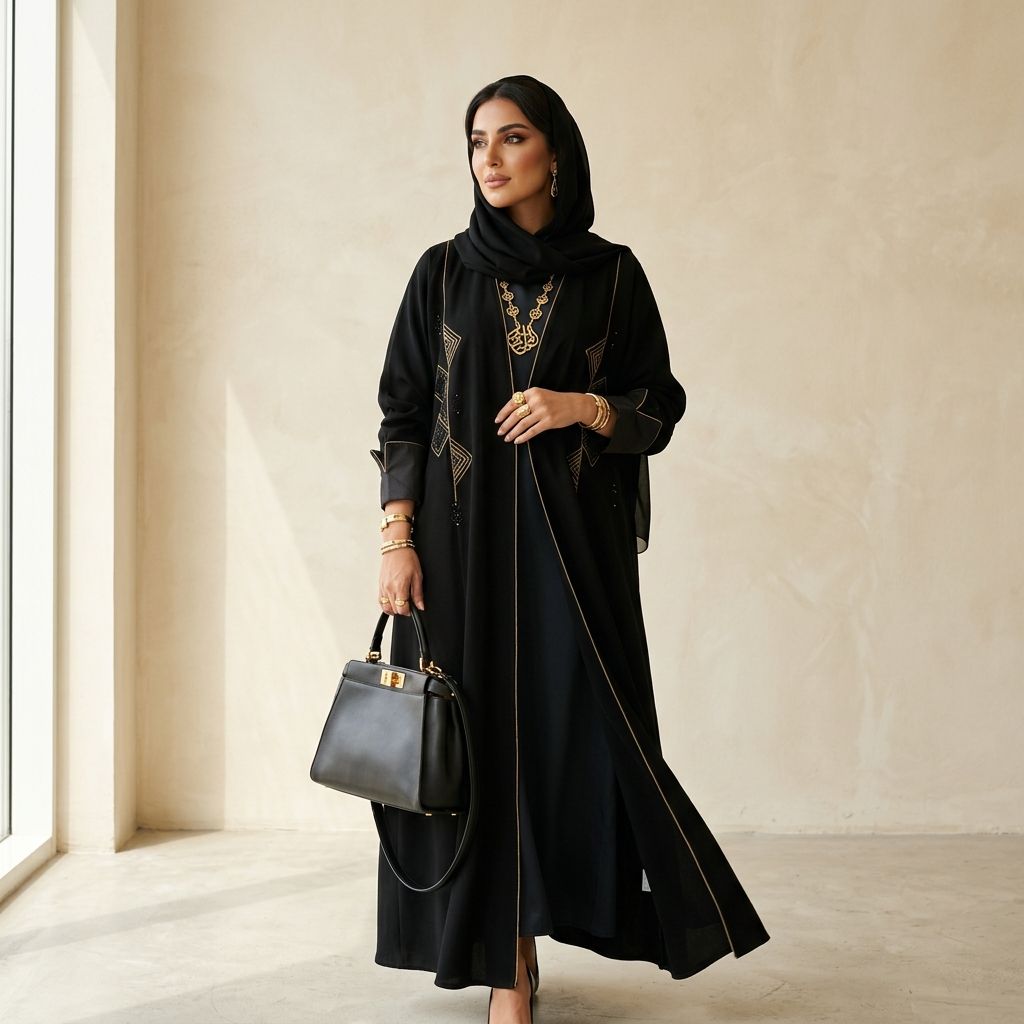 Woman in a black abaya against a warm interior