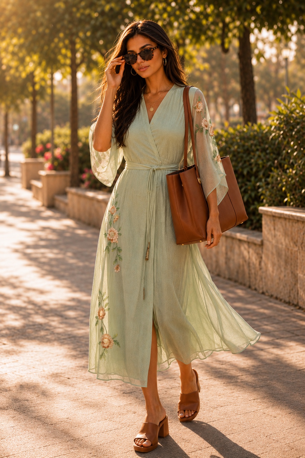 Creator in a floral dress carrying a leather tote outdoors